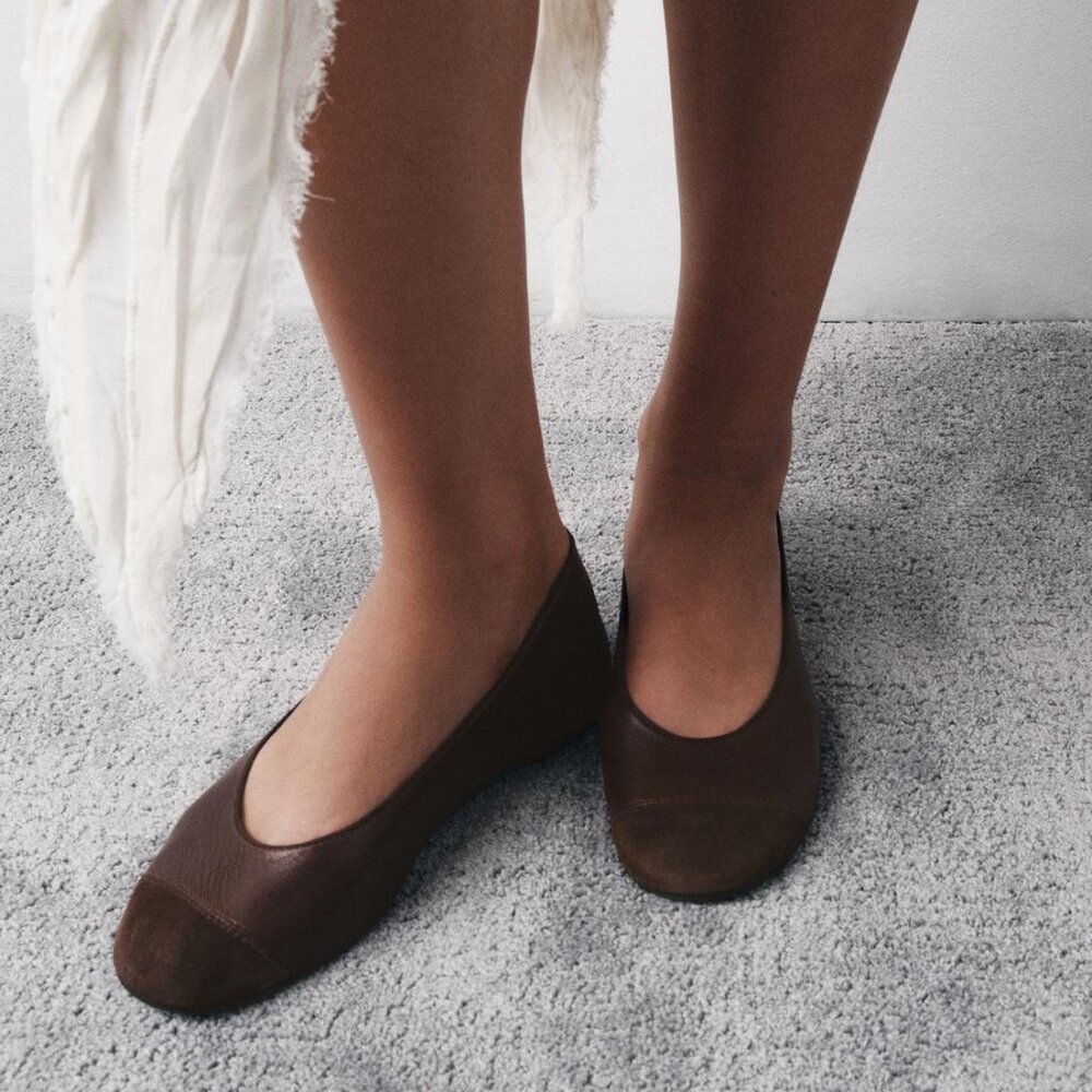 ZARA Brown Leather Suede Ballet Flats Women’s 6 Round Toe Mixed Media NWT Summer